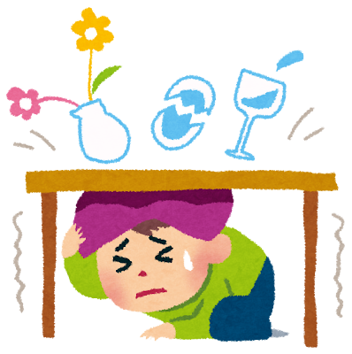 机の下に隠れるイラスト